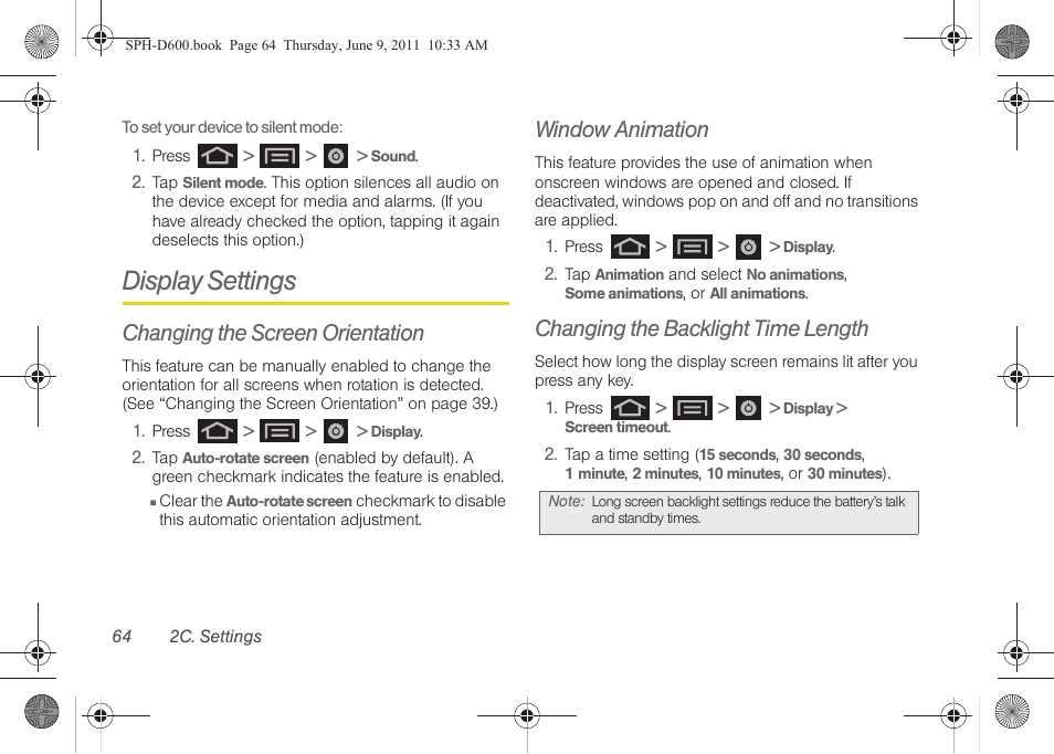 Display settings, Changing the screen orientation, Window animation | Changing the backlight time length | Samsung D-44867 User Manual | Page 78 / 250