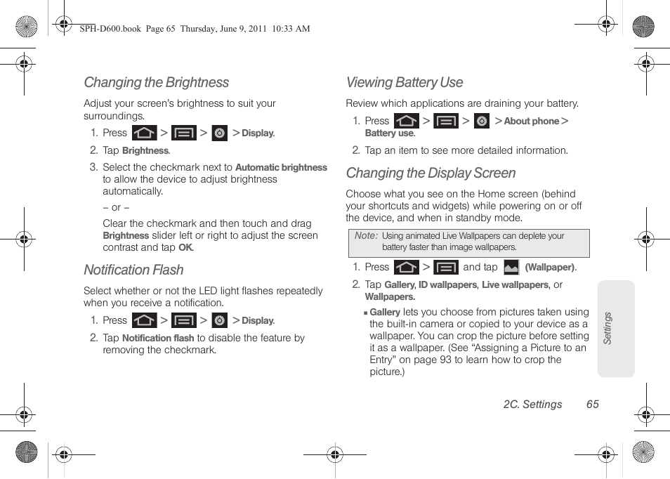 Changing the brightness, Notification flash, Viewing battery use | Changing the display screen | Samsung D-44867 User Manual | Page 79 / 250