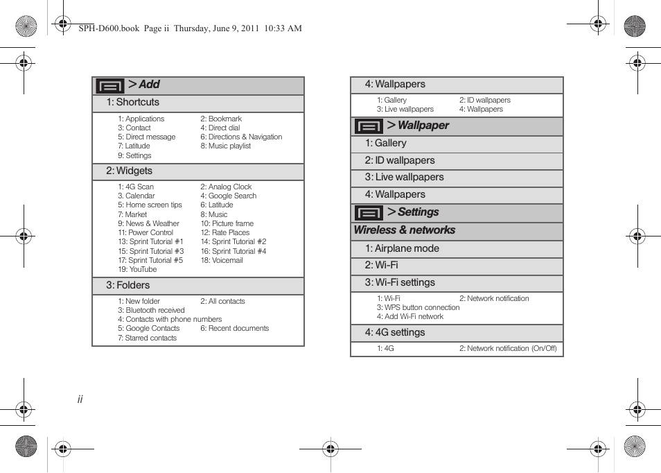 Wallpaper, Settings wireless & networks | Samsung D-44867 User Manual | Page 8 / 250