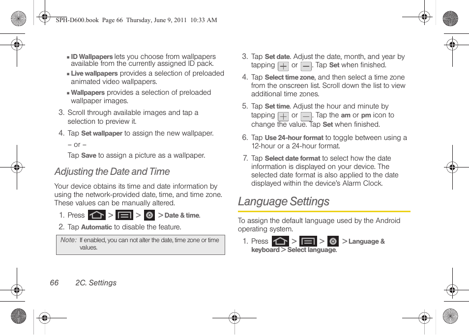 Adjusting the date and time, Language settings | Samsung D-44867 User Manual | Page 80 / 250