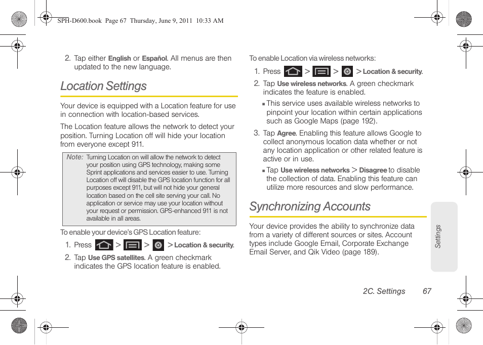 Location settings, Synchronizing accounts | Samsung D-44867 User Manual | Page 81 / 250