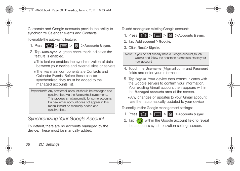 Synchronizing your google account | Samsung D-44867 User Manual | Page 82 / 250