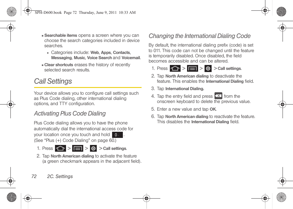 Call settings, Activating plus code dialing, Changing the international dialing code | Samsung D-44867 User Manual | Page 86 / 250