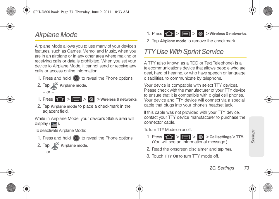 Airplane mode, Tty use with sprint service | Samsung D-44867 User Manual | Page 87 / 250