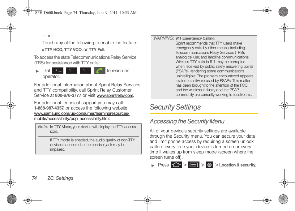 Security settings, Accessing the security menu | Samsung D-44867 User Manual | Page 88 / 250
