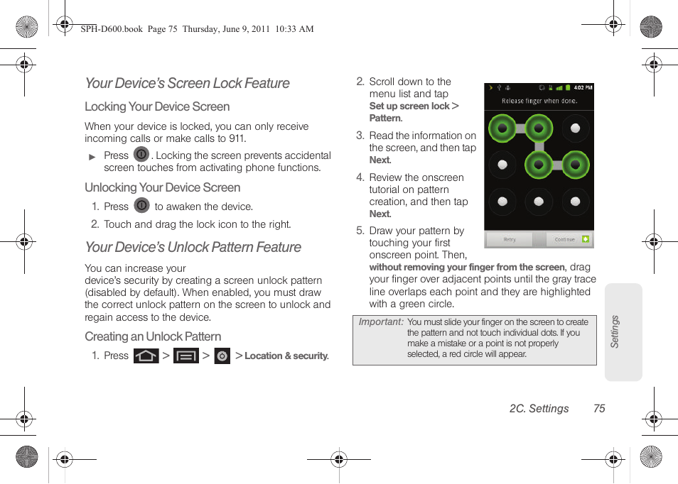 Your device’s screen lock feature, Your device’s unlock pattern feature | Samsung D-44867 User Manual | Page 89 / 250