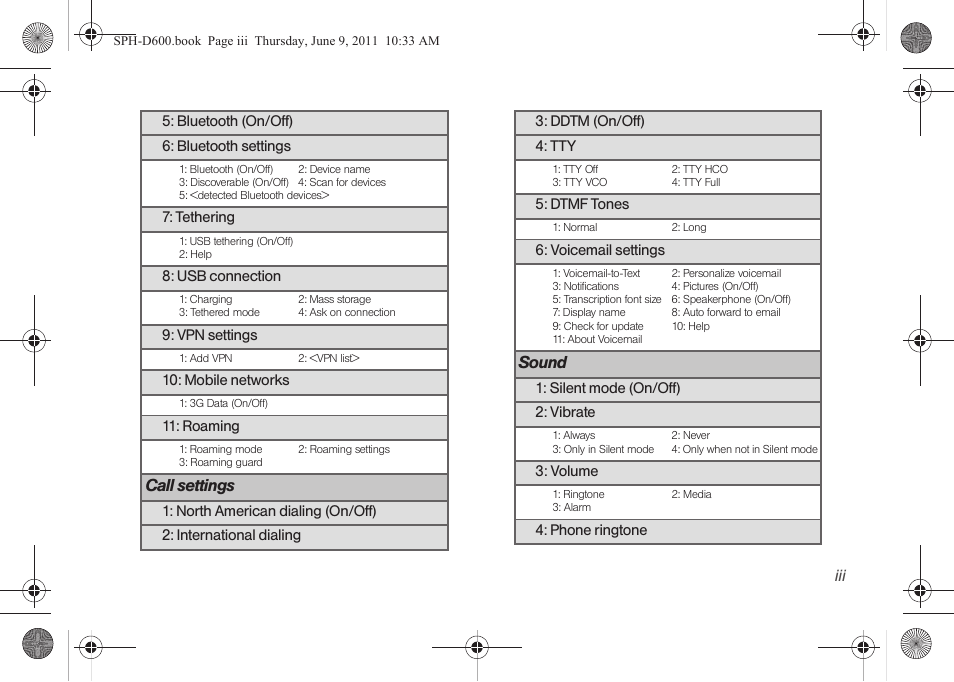 Call settings, Sound | Samsung D-44867 User Manual | Page 9 / 250