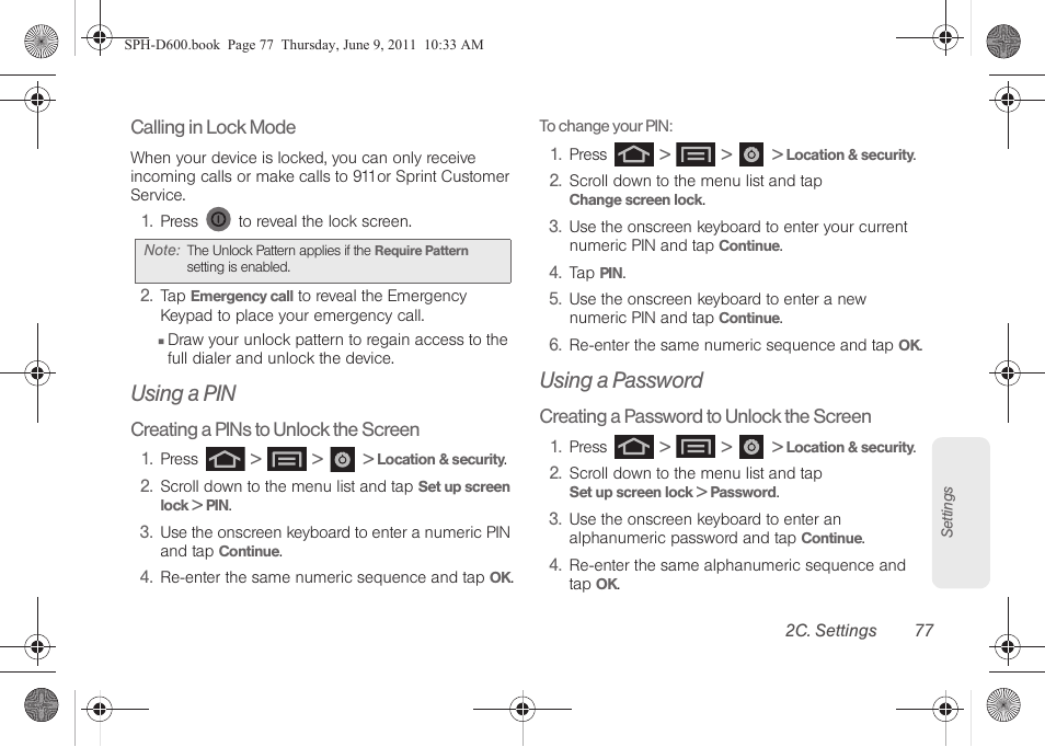 Using a pin, Using a password | Samsung D-44867 User Manual | Page 91 / 250