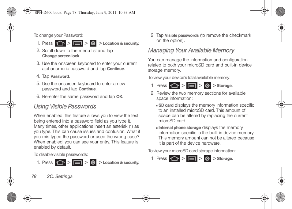 Using visible passwords, Managing your available memory | Samsung D-44867 User Manual | Page 92 / 250