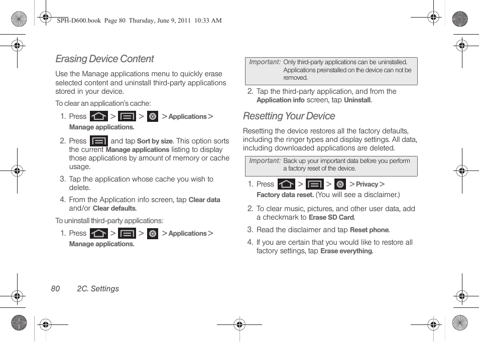 Erasing device content, Resetting your device | Samsung D-44867 User Manual | Page 94 / 250