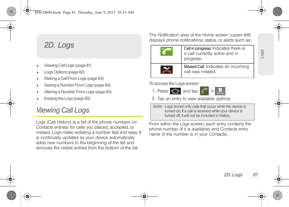 2d. logs, Viewing call logs | Samsung D-44867 User Manual | Page 95 / 250