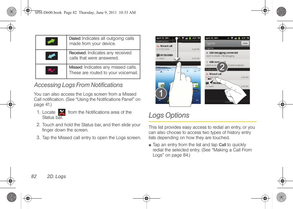 Accessing logs from notifications, Logs options | Samsung D-44867 User Manual | Page 96 / 250