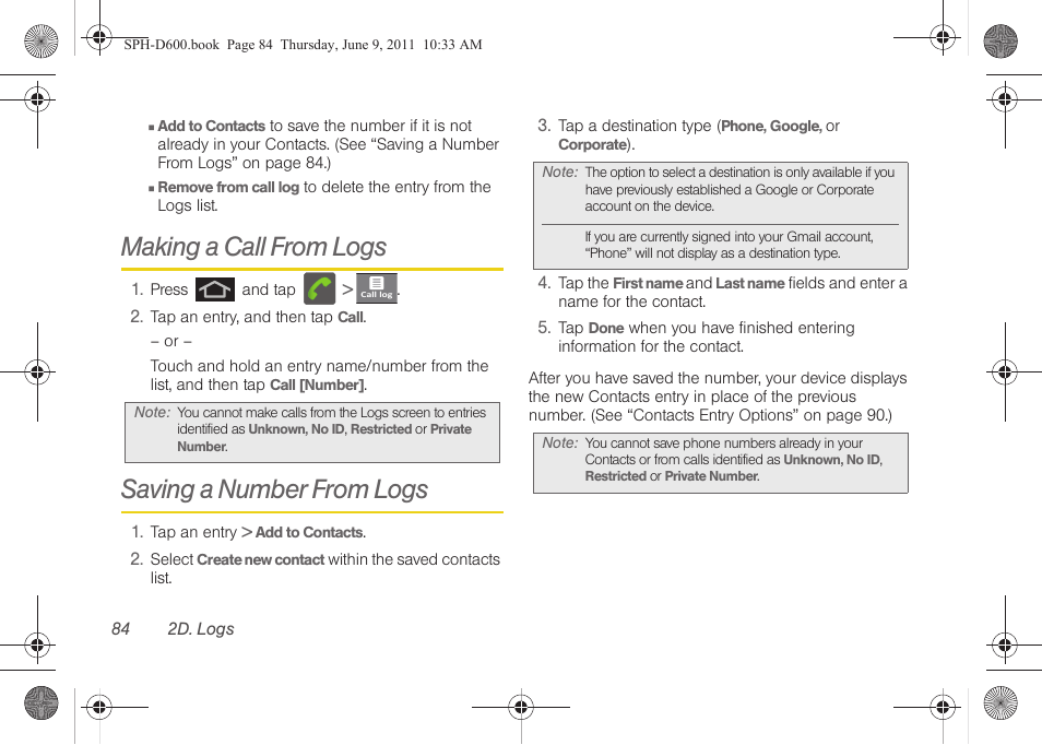 Making a call from logs, Saving a number from logs | Samsung D-44867 User Manual | Page 98 / 250