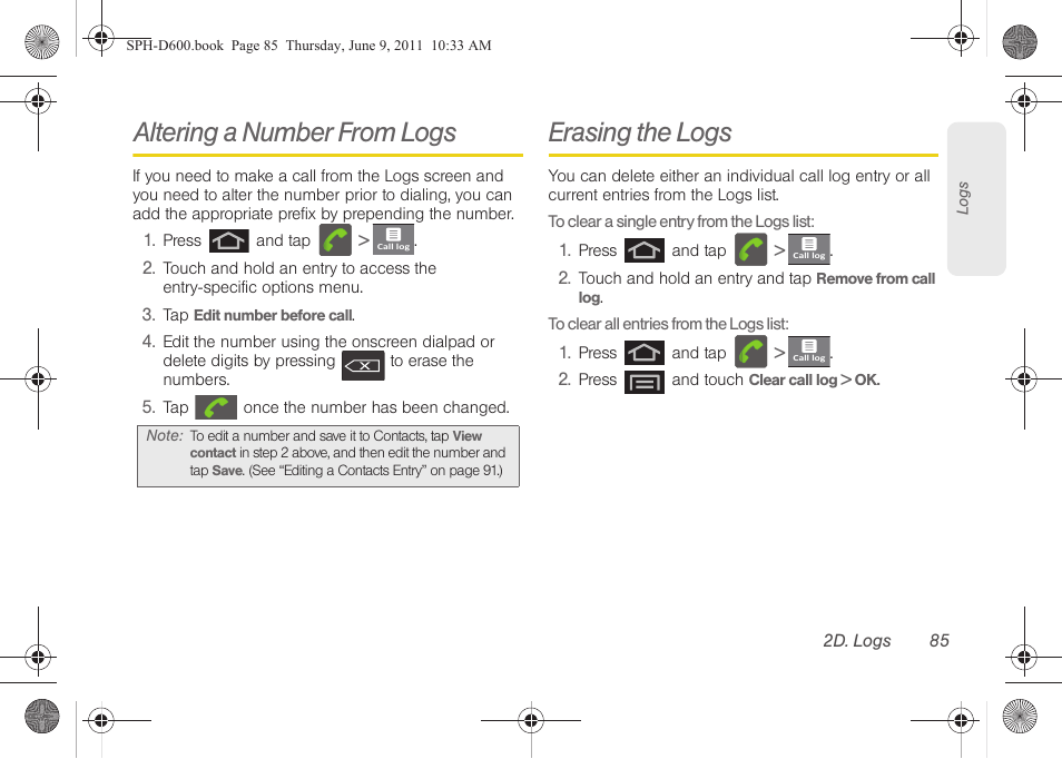 Altering a number from logs, Erasing the logs | Samsung D-44867 User Manual | Page 99 / 250