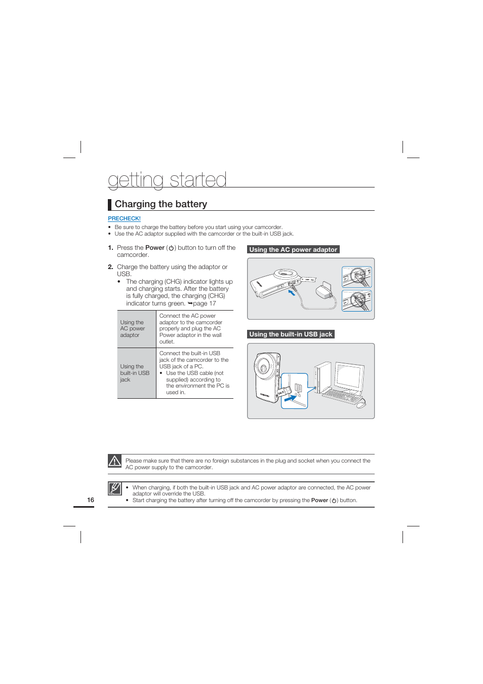 Getting started, Charging the battery | Samsung HMX-U20LN User Manual | Page 26 / 94