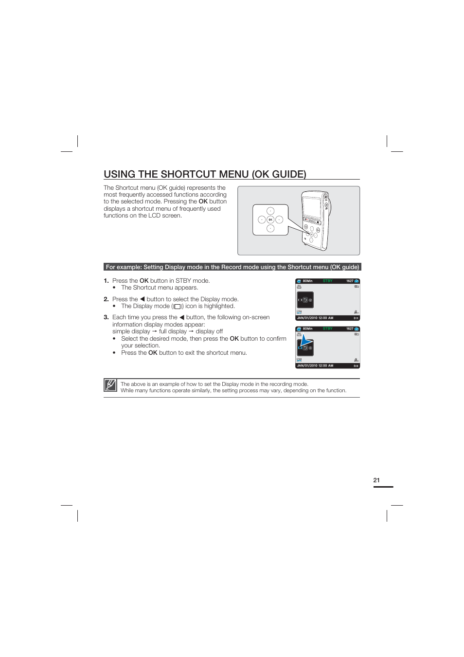 Using the shortcut menu (ok guide) | Samsung HMX-U20LN User Manual | Page 31 / 94