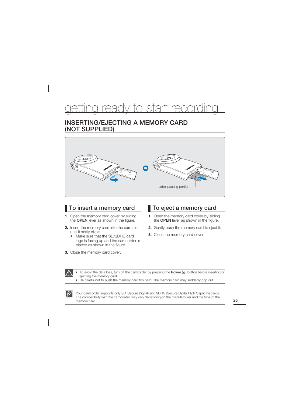 Getting ready to start recording, Inserting/ejecting a memory card (not supplied) | Samsung HMX-U20LN User Manual | Page 35 / 94