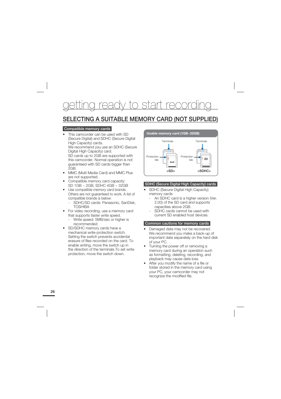 Selecting a suitable memory card (not supplied), Getting ready to start recording | Samsung HMX-U20LN User Manual | Page 36 / 94