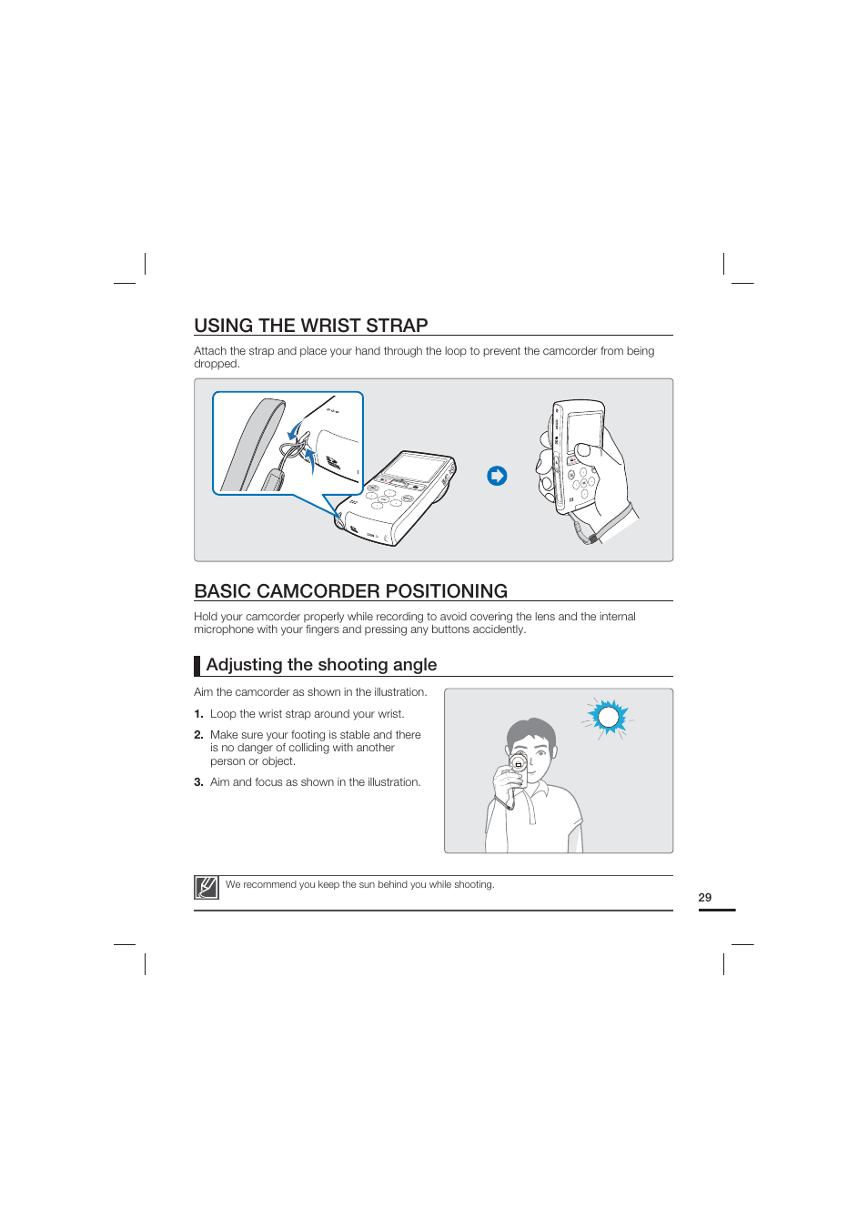 Using the wrist strap, Basic camcorder positioning, Adjusting the shooting angle | Samsung HMX-U20LN User Manual | Page 39 / 94