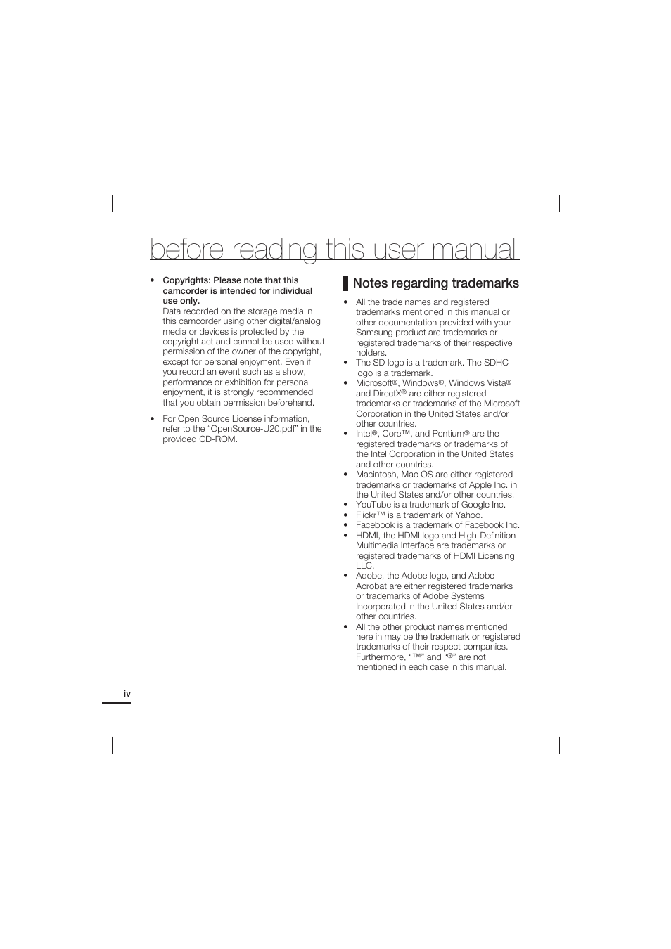 Before reading this user manual | Samsung HMX-U20LN User Manual | Page 4 / 94