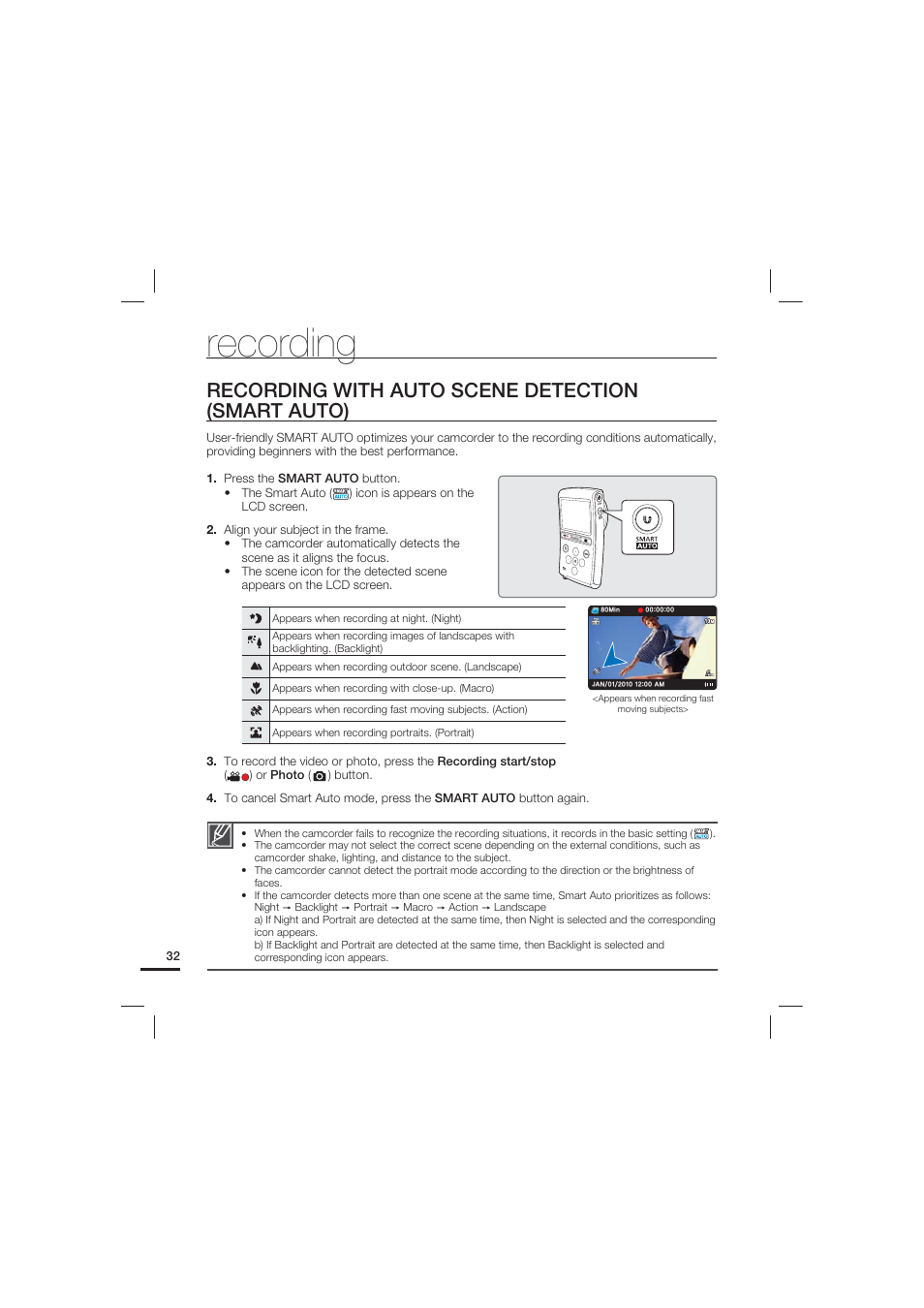 Recording with auto scene detection (smart auto), Recording | Samsung HMX-U20LN User Manual | Page 42 / 94