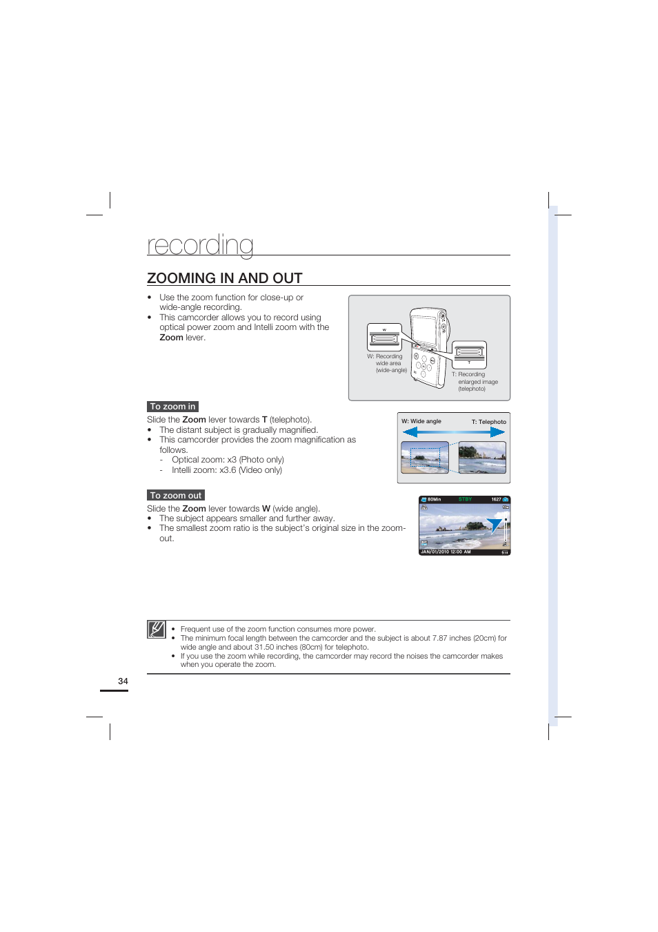 Zooming in and out, Recording | Samsung HMX-U20LN User Manual | Page 44 / 94