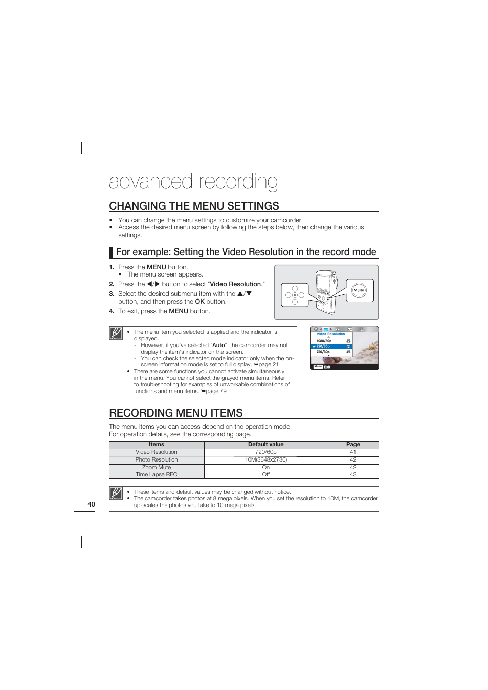 Advanced recording, Changing the menu settings, Recording menu items | Samsung HMX-U20LN User Manual | Page 50 / 94