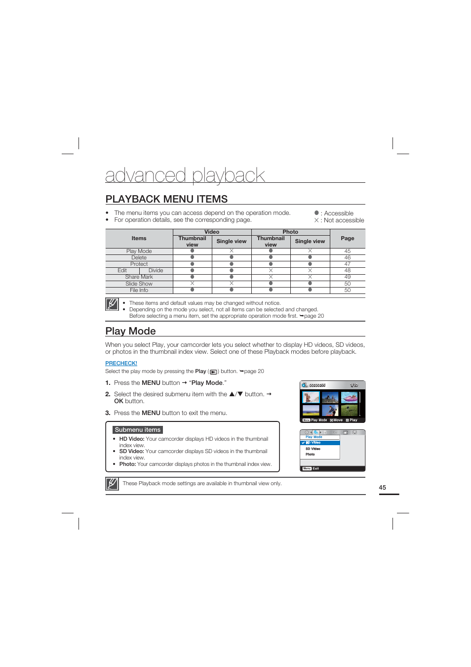 Advanced playback, Playback menu items, Play mode | Samsung HMX-U20LN User Manual | Page 55 / 94