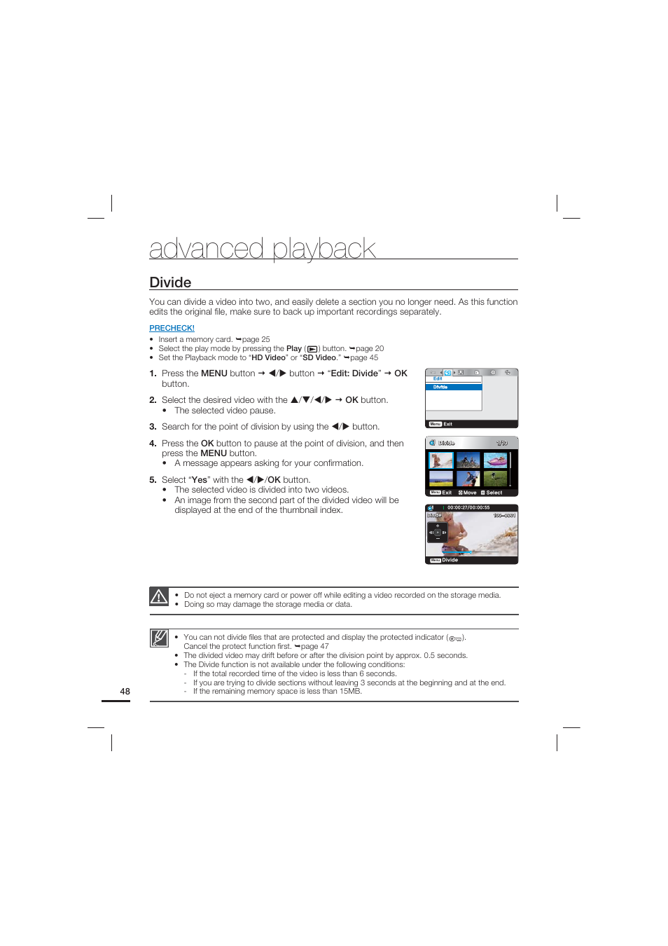 Divide, Advanced playback | Samsung HMX-U20LN User Manual | Page 58 / 94