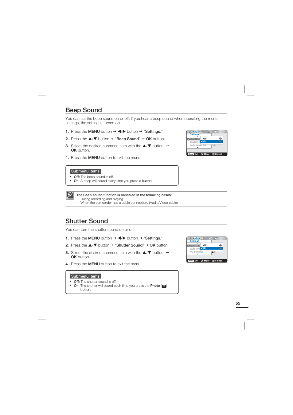 Beep sound, Shutter sound | Samsung HMX-U20LN User Manual | Page 65 / 94