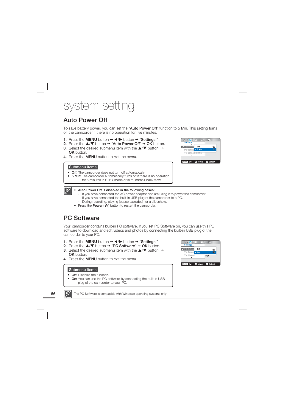 Auto power off, Pc software, System setting | Samsung HMX-U20LN User Manual | Page 66 / 94
