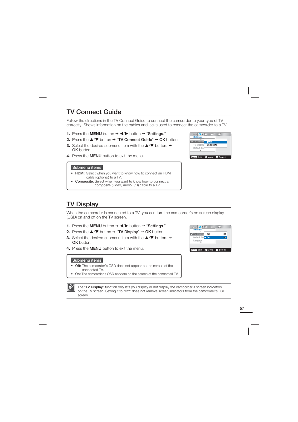 Tv connect guide, Tv display | Samsung HMX-U20LN User Manual | Page 67 / 94
