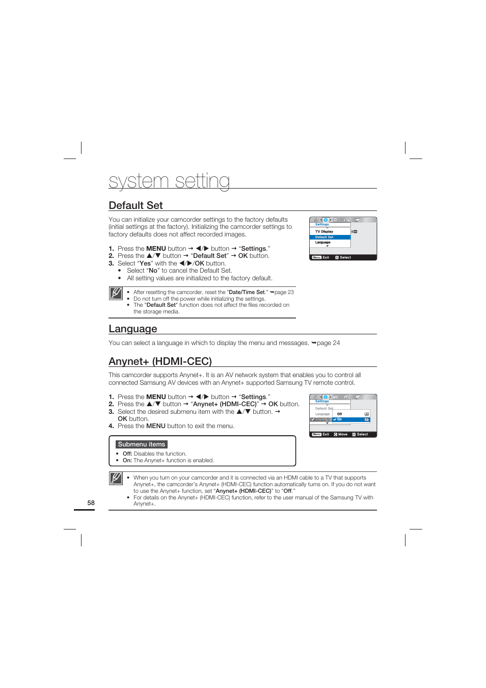 Default set, Language, Anynet+ (hdmi-cec) | System setting | Samsung HMX-U20LN User Manual | Page 68 / 94