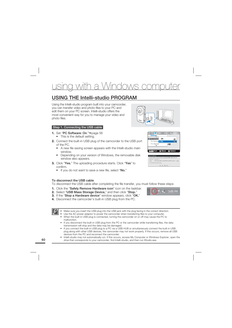 Using the intelli-studio program, Using with a windows computer | Samsung HMX-U20LN User Manual | Page 70 / 94