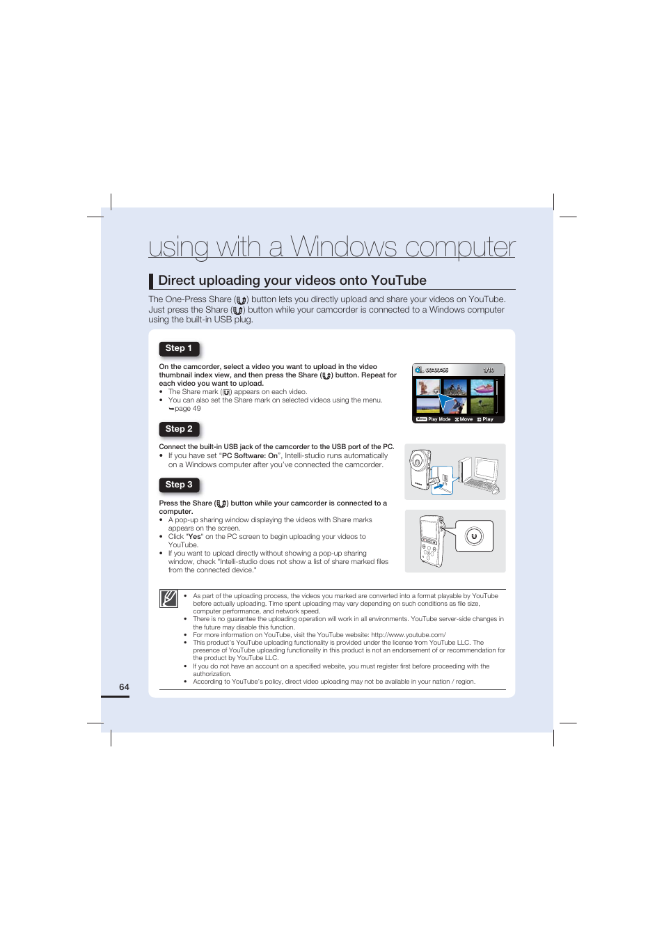 Using with a windows computer, Direct uploading your videos onto youtube | Samsung HMX-U20LN User Manual | Page 74 / 94