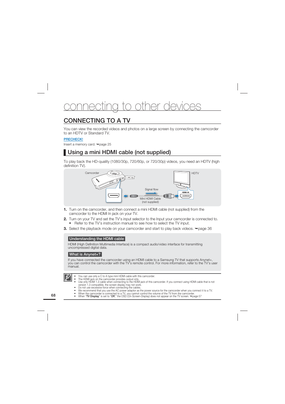 Connecting to other devices, Connecting to a tv, Using a mini hdmi cable (not supplied) | Samsung HMX-U20LN User Manual | Page 78 / 94
