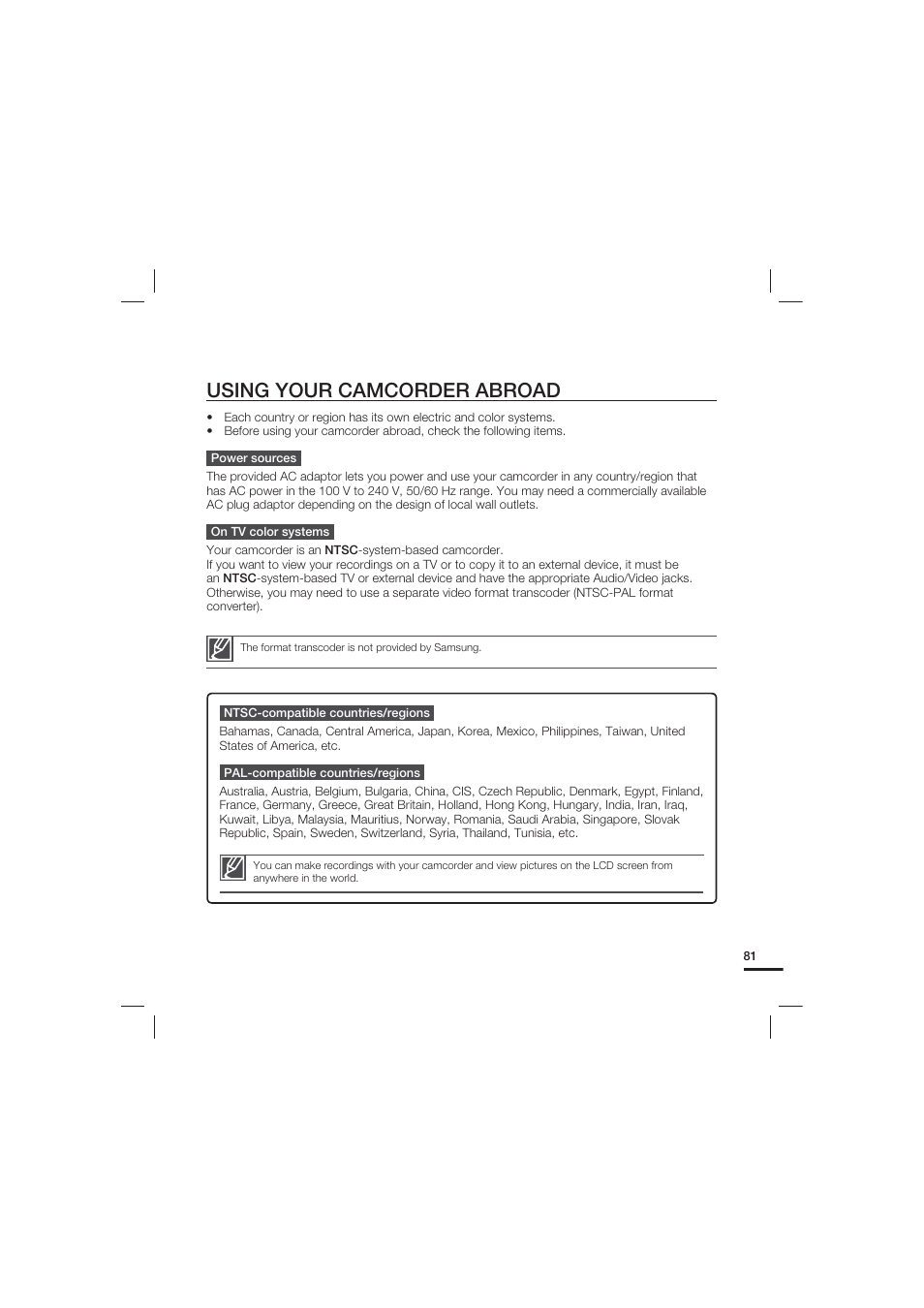 Using your camcorder abroad | Samsung HMX-U20LN User Manual | Page 91 / 94