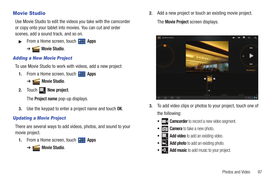 Movie studio, On. for more information, refer to “movie studio | Samsung Galaxy Tab 8.9 User Manual | Page 101 / 188