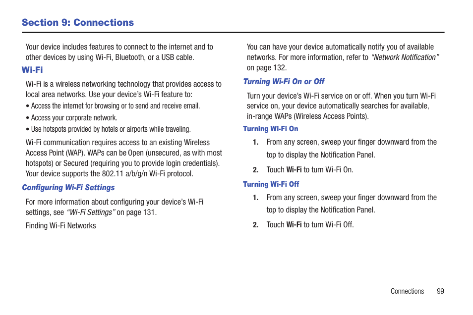 Section 9: connections, Wi-fi | Samsung Galaxy Tab 8.9 User Manual | Page 103 / 188