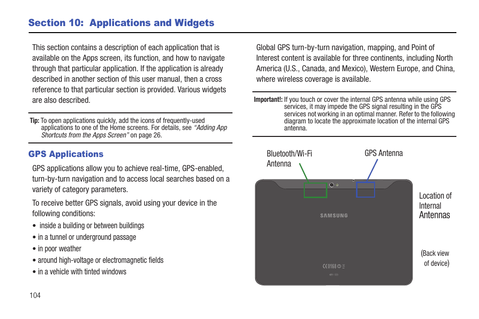 Section 10: applications and widgets, Gps applications | Samsung Galaxy Tab 8.9 User Manual | Page 108 / 188