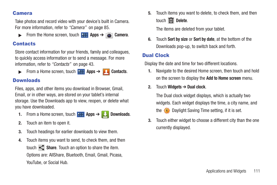 Camera, Contacts, Downloads | Dual clock, Camera contacts downloads dual clock | Samsung Galaxy Tab 8.9 User Manual | Page 115 / 188