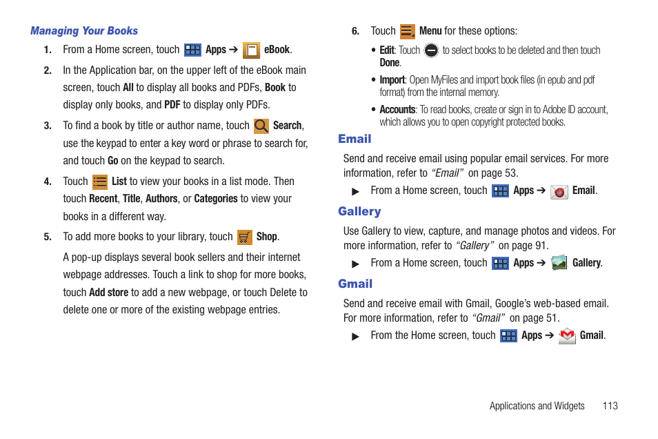 Email, Gallery, Gmail | Email gallery gmail | Samsung Galaxy Tab 8.9 User Manual | Page 117 / 188