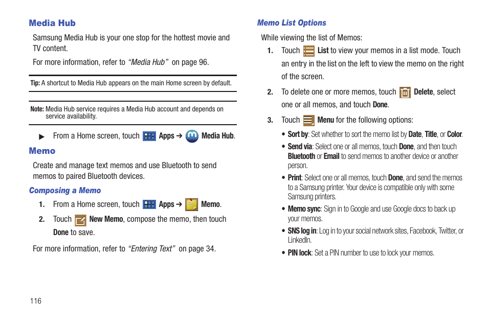 Media hub, Memo, Media hub memo | Samsung Galaxy Tab 8.9 User Manual | Page 120 / 188