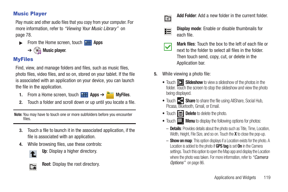 Music player, Myfiles, Music player myfiles | Samsung Galaxy Tab 8.9 User Manual | Page 123 / 188