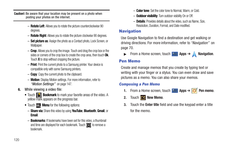 Navigation, Pen memo, Navigation pen memo | Ures. for more information, refer to “pen memo | Samsung Galaxy Tab 8.9 User Manual | Page 124 / 188