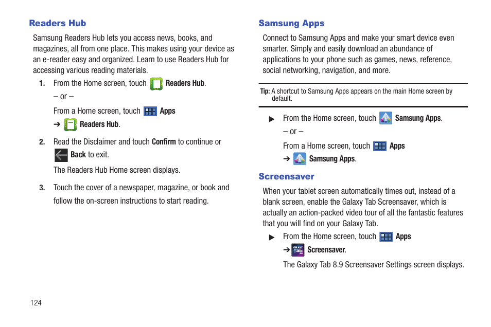 Readers hub, Samsung apps, Screensaver | Readers hub samsung apps screensaver, B. for more information, refer to “screensaver | Samsung Galaxy Tab 8.9 User Manual | Page 128 / 188
