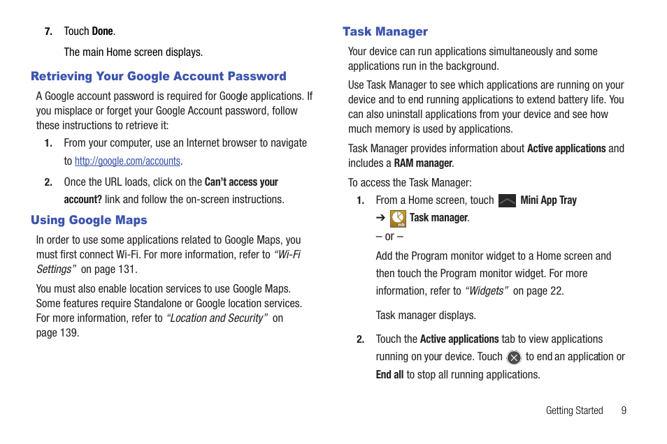 Retrieving your google account password, Using google maps, Task manager | Samsung Galaxy Tab 8.9 User Manual | Page 13 / 188