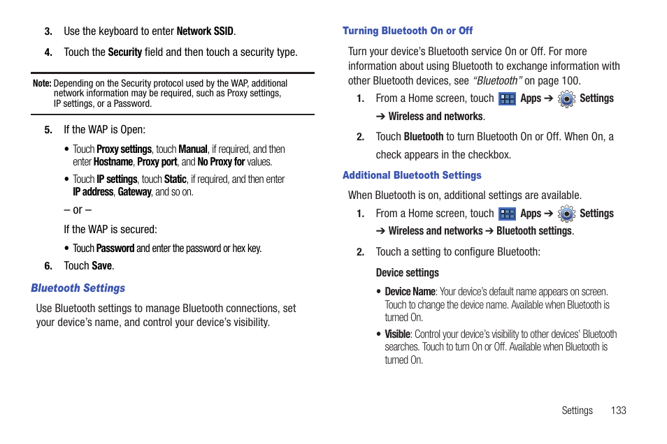 For more information, refer to, Bluetooth settings | Samsung Galaxy Tab 8.9 User Manual | Page 137 / 188
