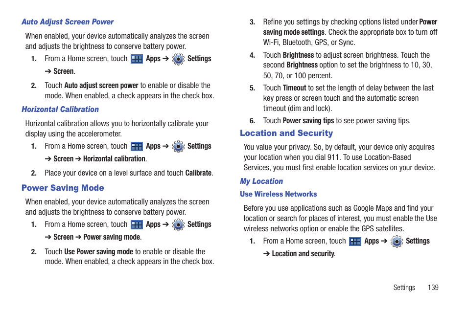 Power saving mode, Location and security, Power saving mode location and security | For more information, refer to “power saving mode | Samsung Galaxy Tab 8.9 User Manual | Page 143 / 188