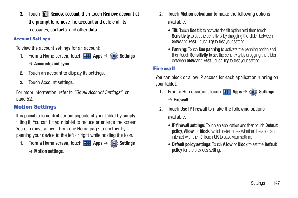 Motion settings, Firewall, Motion settings firewall | Gs. for more information, refer to | Samsung Galaxy Tab 8.9 User Manual | Page 151 / 188